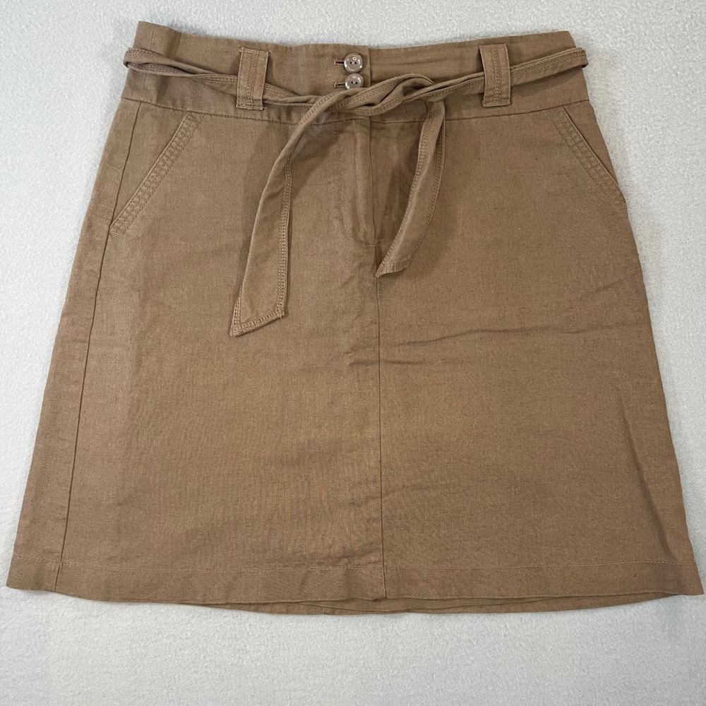 Ann Taylor Brown Linen Blend Tie Waist Mini Skirt Womens Size 10 Pockets Lined